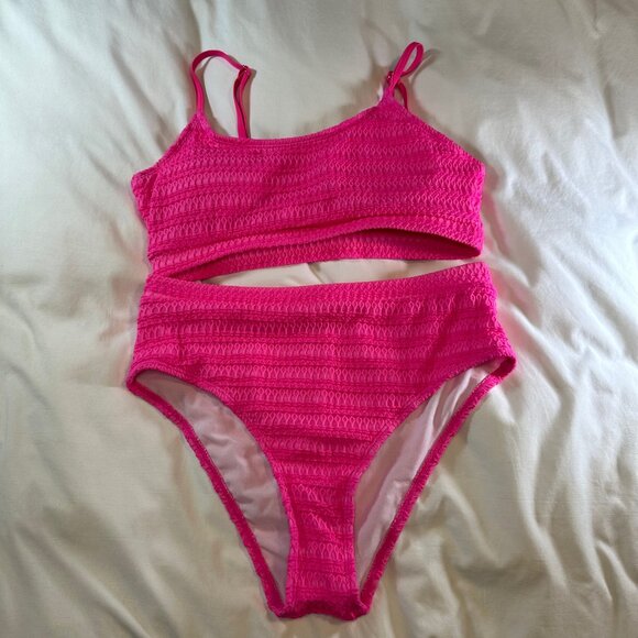 Vibrant Pink Crochet Textured High Waisted 2-Pc Swimsuit Bikini 0X - Picture 5 of 11